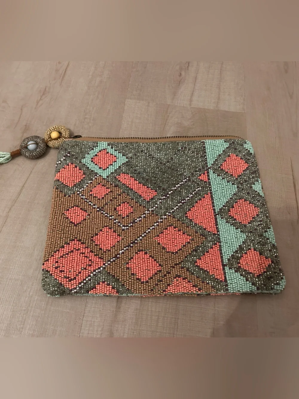 Anthropologie Beaded Boho Pattern Wristlet Clutch in Coral, Mint & Brown - Picture 2 of 3